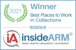 2021 Winner Best Places to Work in Collections presented by insideARM